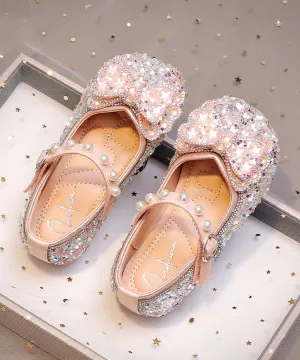 Bow Shoes Strap Zircon Girls Kids Flat Pink For Buckle