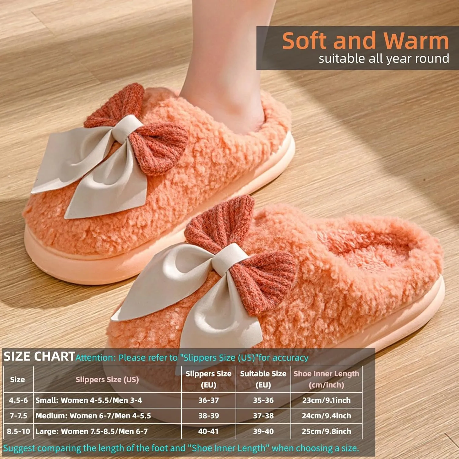 Bow Slippers Women's Cute Soft Cozy Fuzzy Slippers Bow Tie Comfy Winter House Warm Slippers Shoes Indoor Non Slip Home Slippers Ladies Bedroom Fluffy Slipper
