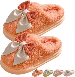 Bow Slippers Women's Cute Soft Cozy Fuzzy Slippers Bow Tie Comfy Winter House Warm Slippers Shoes Indoor Non Slip Home Slippers Ladies Bedroom Fluffy Slipper