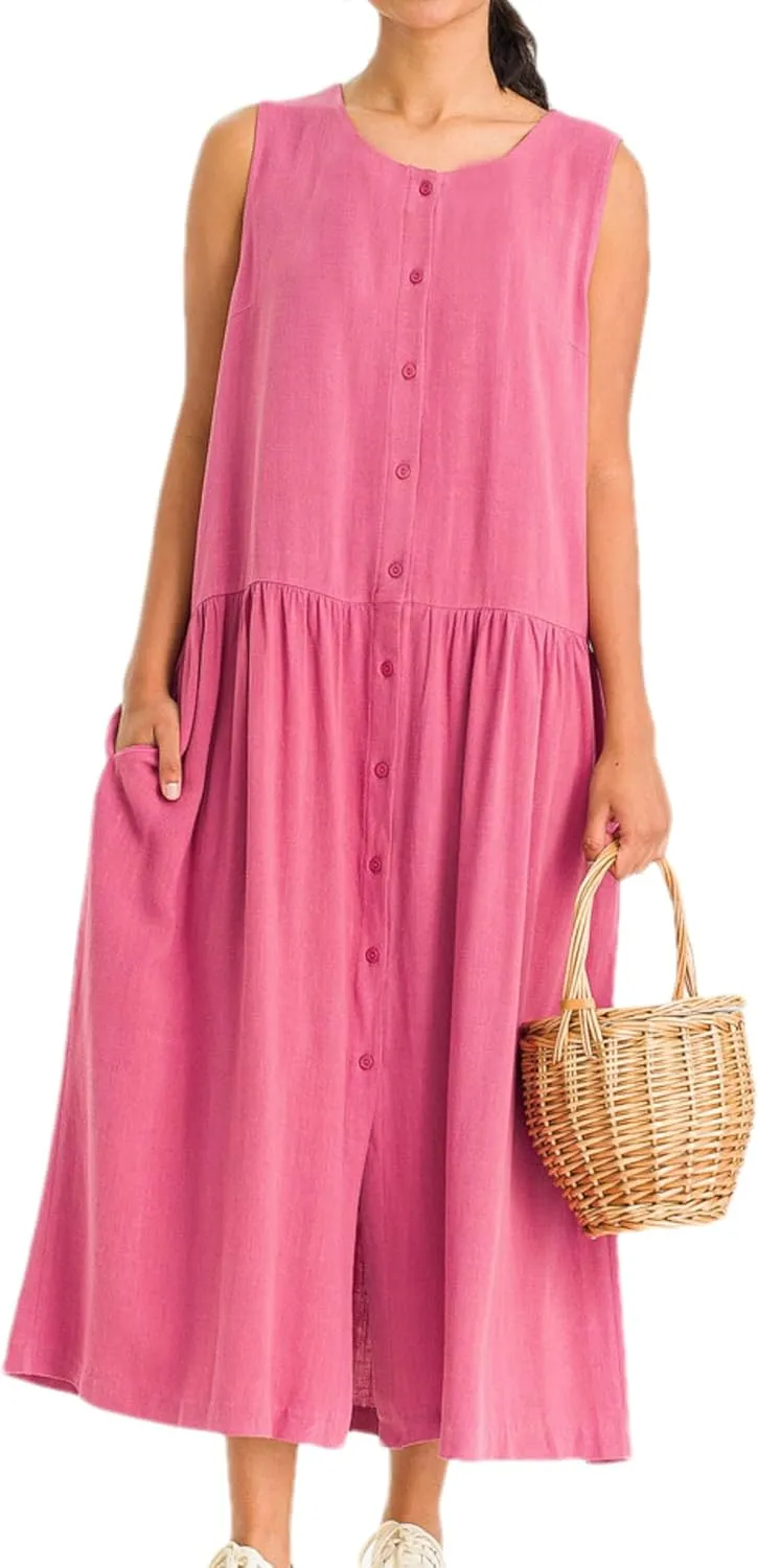 Bozanly Summer Sleeveless Maxi Dress for Women Button Down Midi Dresses with Pockets Solid Color Loose Flowy Beach Dress