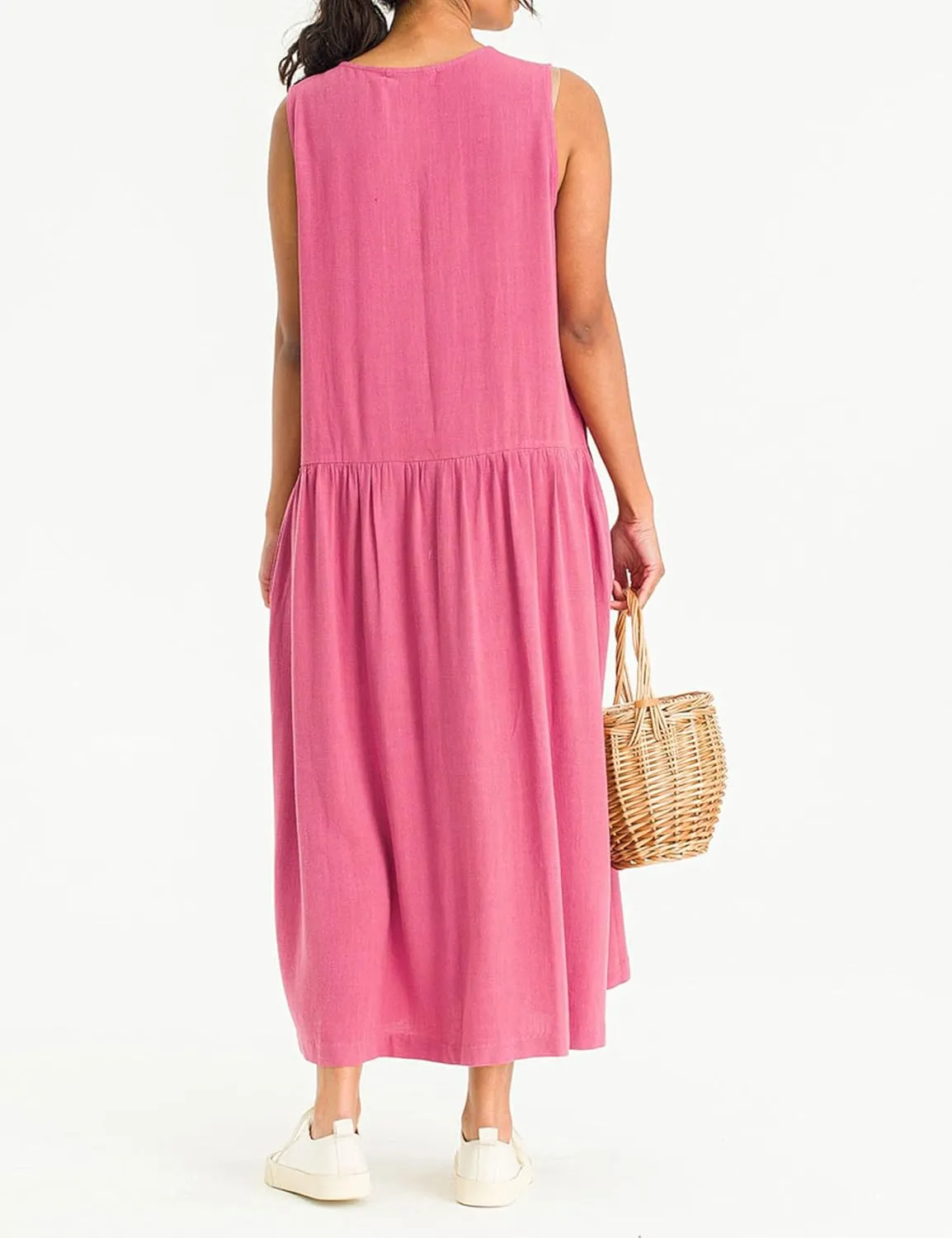 Bozanly Summer Sleeveless Maxi Dress for Women Button Down Midi Dresses with Pockets Solid Color Loose Flowy Beach Dress