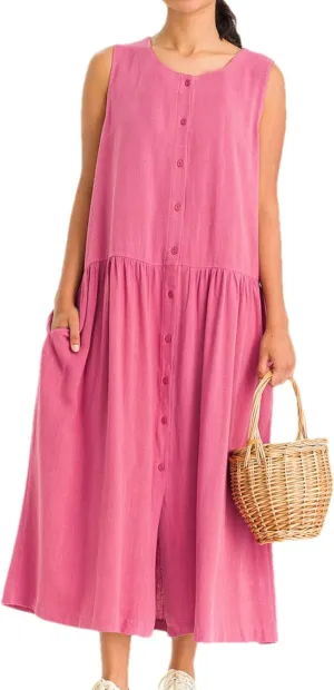 Bozanly Summer Sleeveless Maxi Dress for Women Button Down Midi Dresses with Pockets Solid Color Loose Flowy Beach Dress