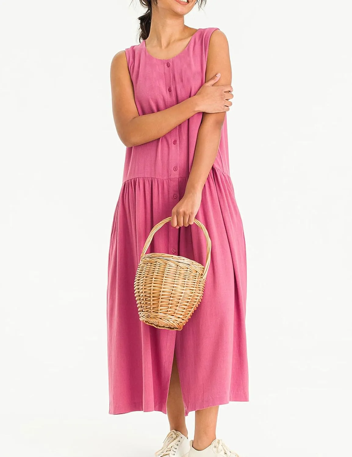 Bozanly Summer Sleeveless Maxi Dress for Women Button Down Midi Dresses with Pockets Solid Color Loose Flowy Beach Dress