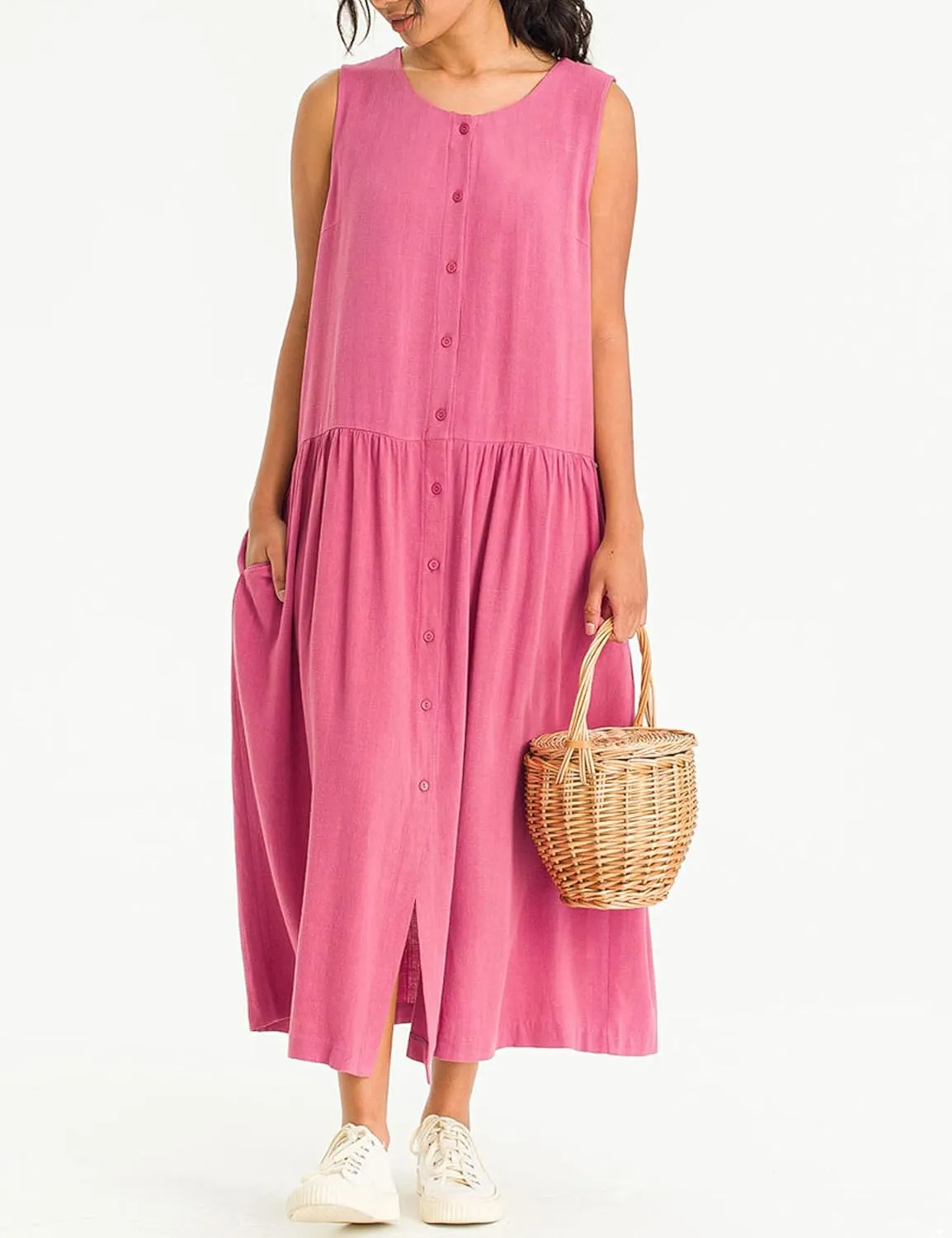 Bozanly Summer Sleeveless Maxi Dress for Women Button Down Midi Dresses with Pockets Solid Color Loose Flowy Beach Dress