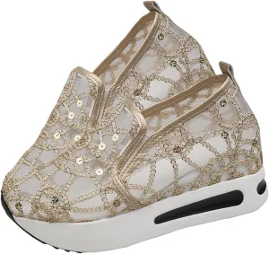Breathable Mesh Floral Sneakers – Slip-On Platform Wedge Shoes with Arch Support for Walking & Work