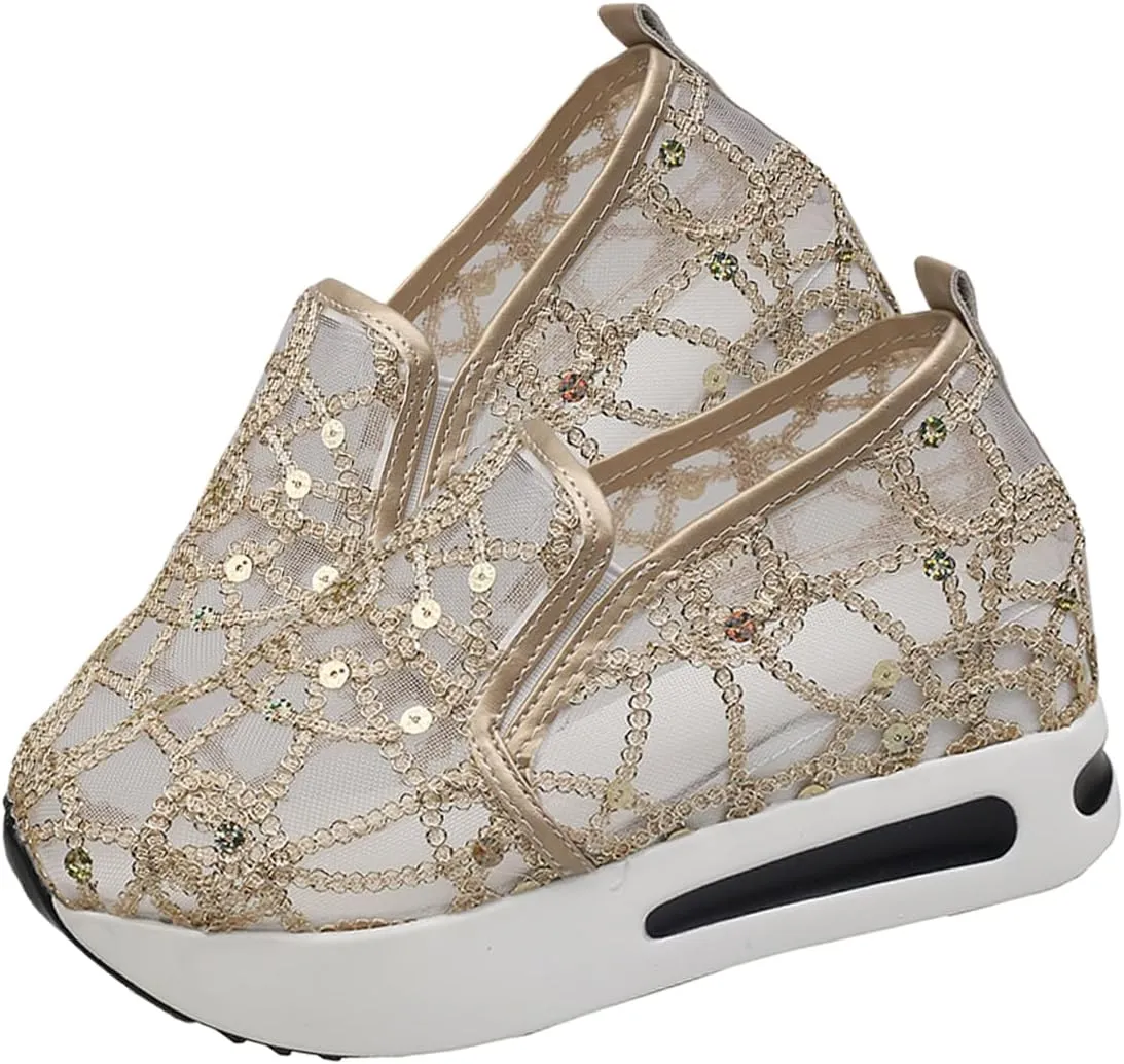 Breathable Mesh Floral Sneakers – Slip-On Platform Wedge Shoes with Arch Support for Walking & Work