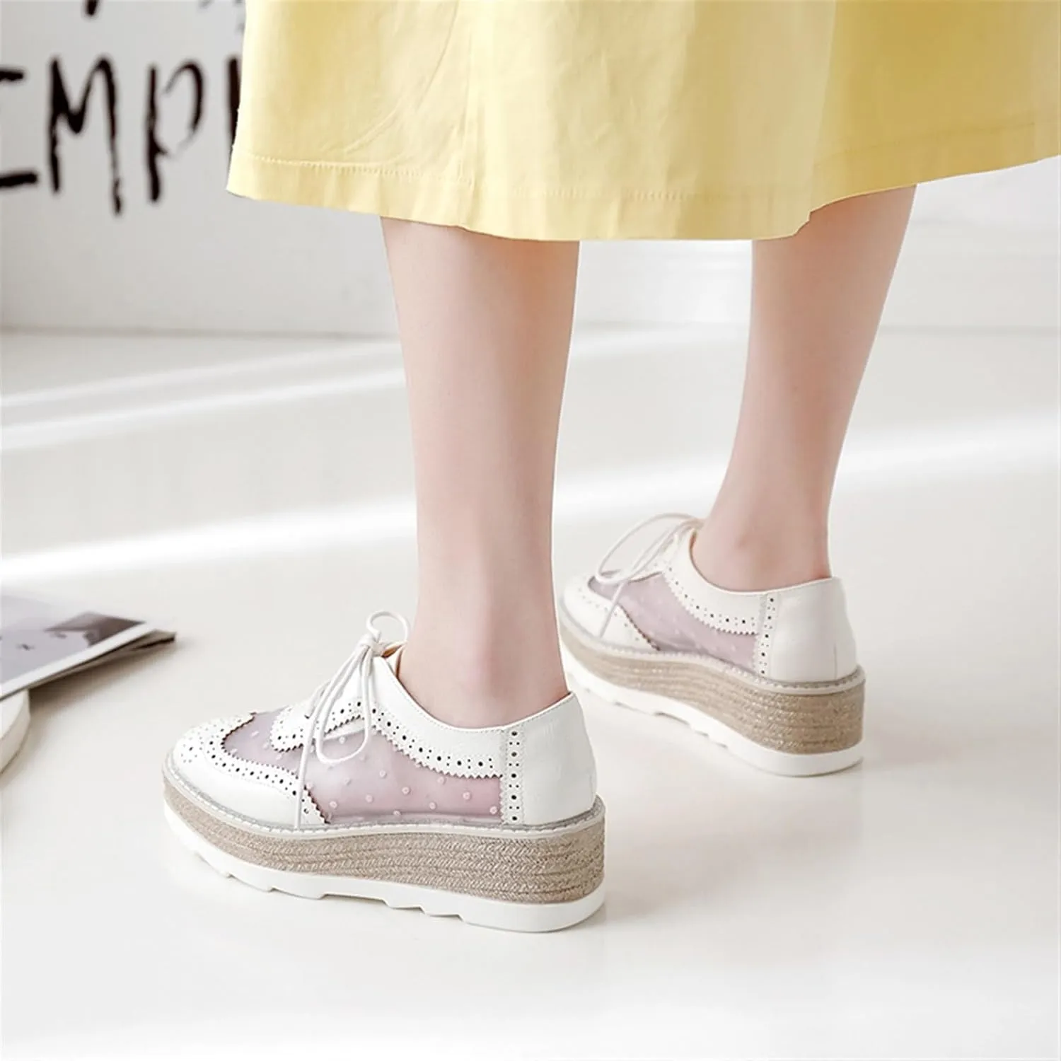 Breathable Sneaker Shoes For Women Handmade Lace Up Mesh Platform Wingtips Brogues Office Daily Wear Flat Oxford Shoes