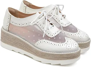 Breathable Sneaker Shoes For Women Handmade Lace Up Mesh Platform Wingtips Brogues Office Daily Wear Flat Oxford Shoes