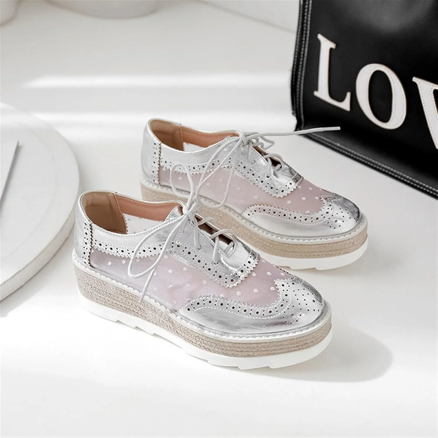 Breathable Sneaker Shoes For Women Handmade Lace Up Mesh Platform Wingtips Brogues Office Daily Wear Flat Oxford Shoes