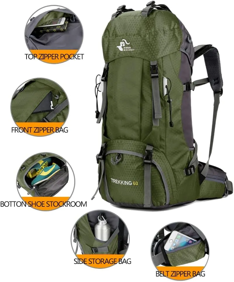 Bseash 60L Waterproof Hiking Camping Backpack with Rain Cover, Large Outdoor Sport Travel Daypack Rucksack for Climbing