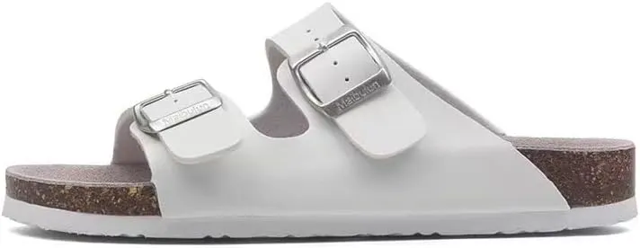 Buckle flat cork slippers summer men's and women's beach line button increase outdoor leisure slippers (White, Adult, Women, 5, Numeric Range, US Footwear Size System, 9.5, Medium)