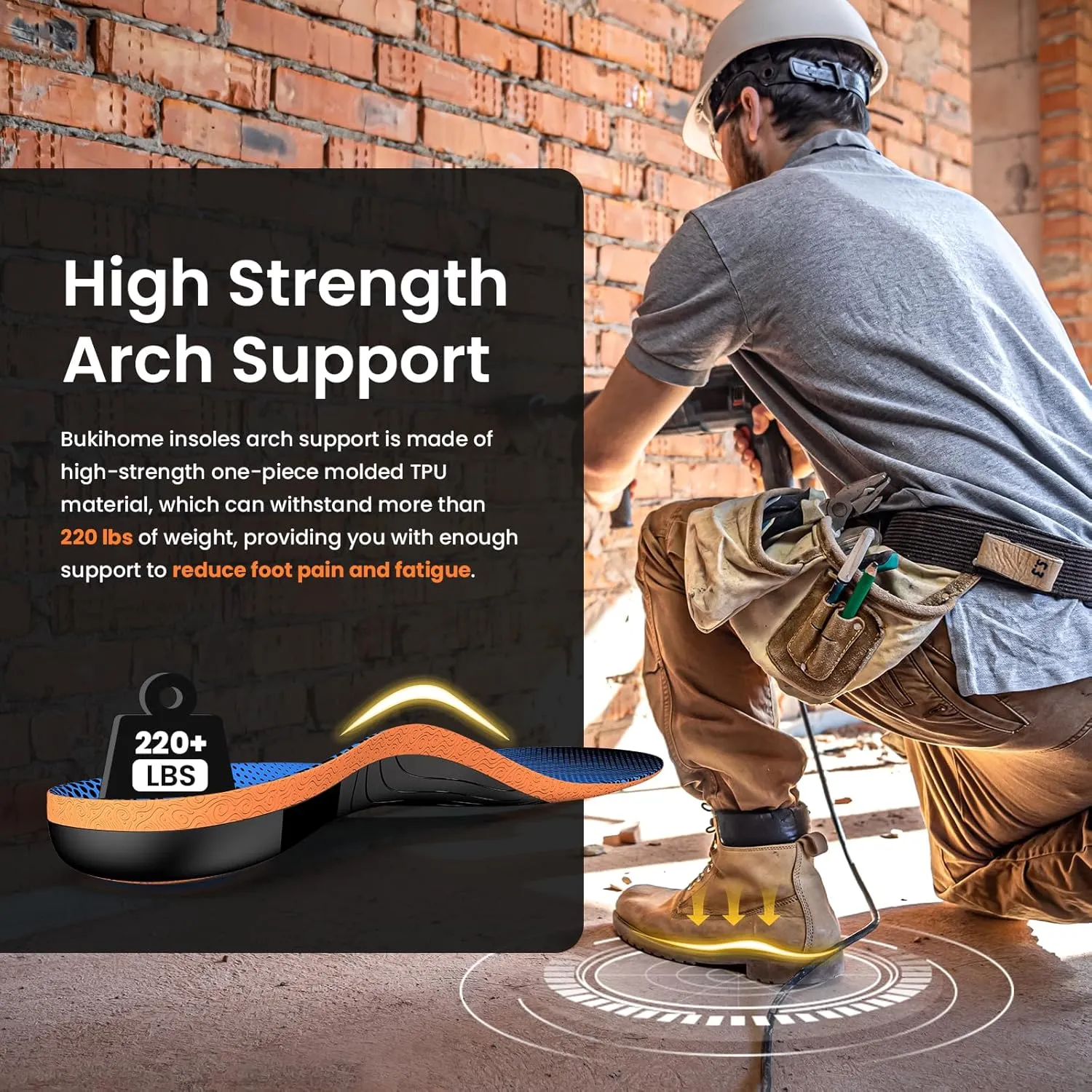 Bukihome Work Boot Insoles & Inserts - High Arch Support Insoles for Standing All Day- Heel Cups & Shoe Inserts for Plantar Fasciitis, Flat Feet, Achilles Tendonitis, Heel Pain