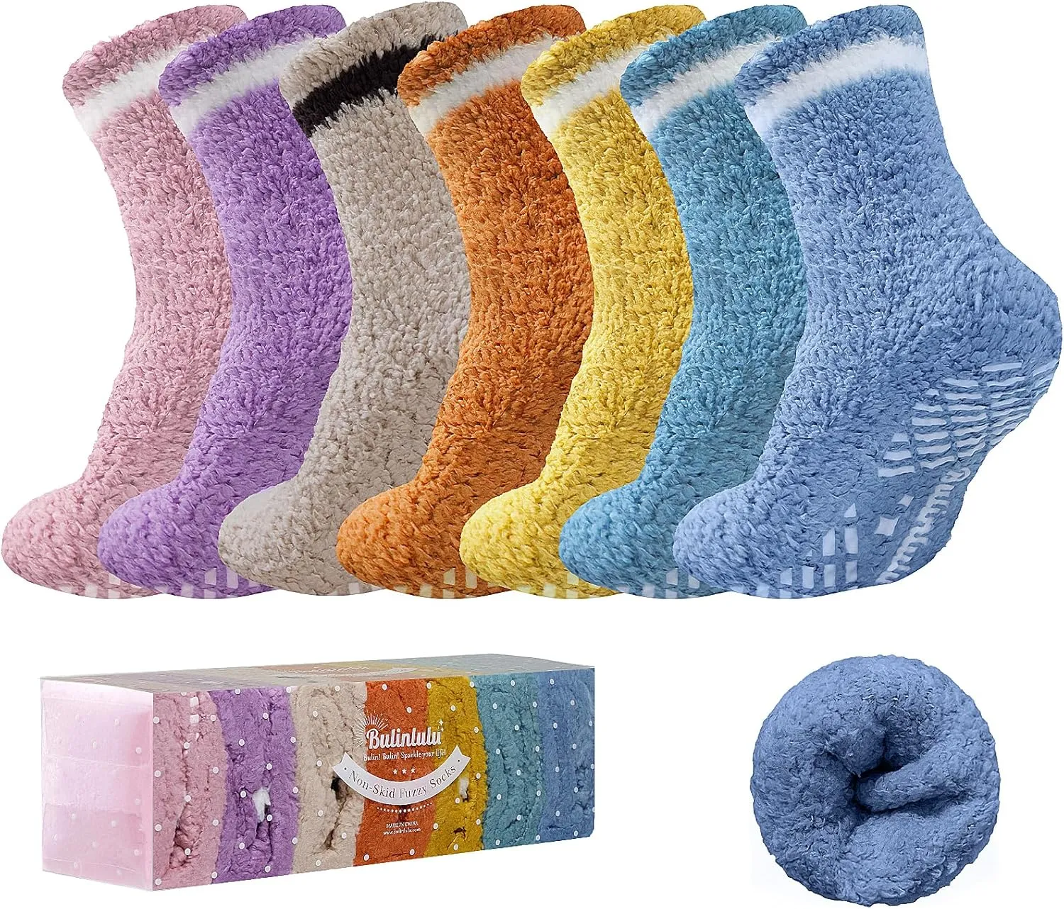 Bulinlulu Fuzzy Socks with Grips Plush Sleep Cozy Winter Soft Hospital Fluffy Socks Gifts for Womens Mens Gifts
