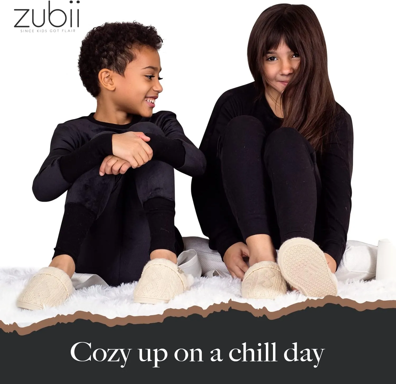 Cable Sweater Slippers, Slingback, Warm Cozy And Stylish, Breathable, Cable Pattern Ivory And Black Colors, Strong Strap And Durable Soles, Toddler To Teens.
