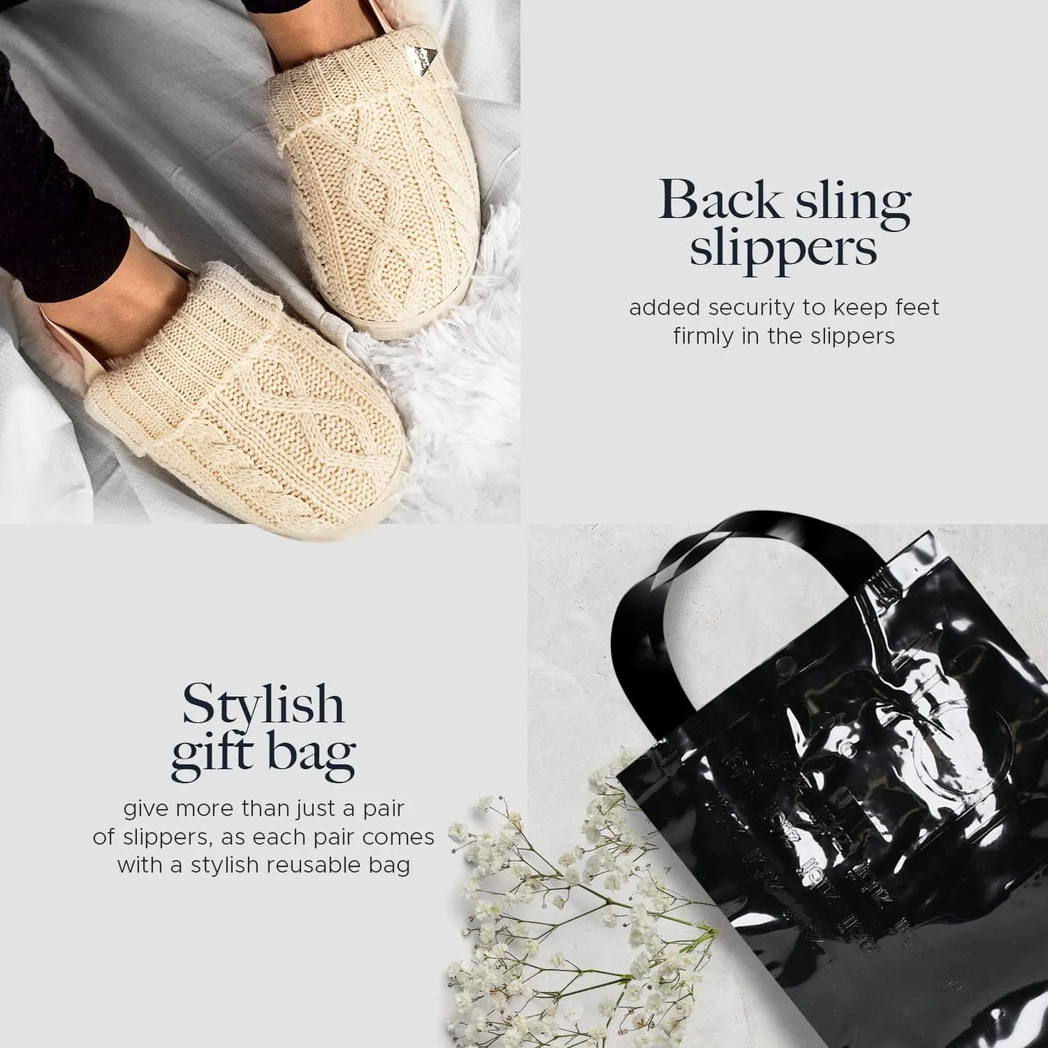 Cable Sweater Slippers, Slingback, Warm Cozy And Stylish, Breathable, Cable Pattern Ivory And Black Colors, Strong Strap And Durable Soles, Toddler To Teens.