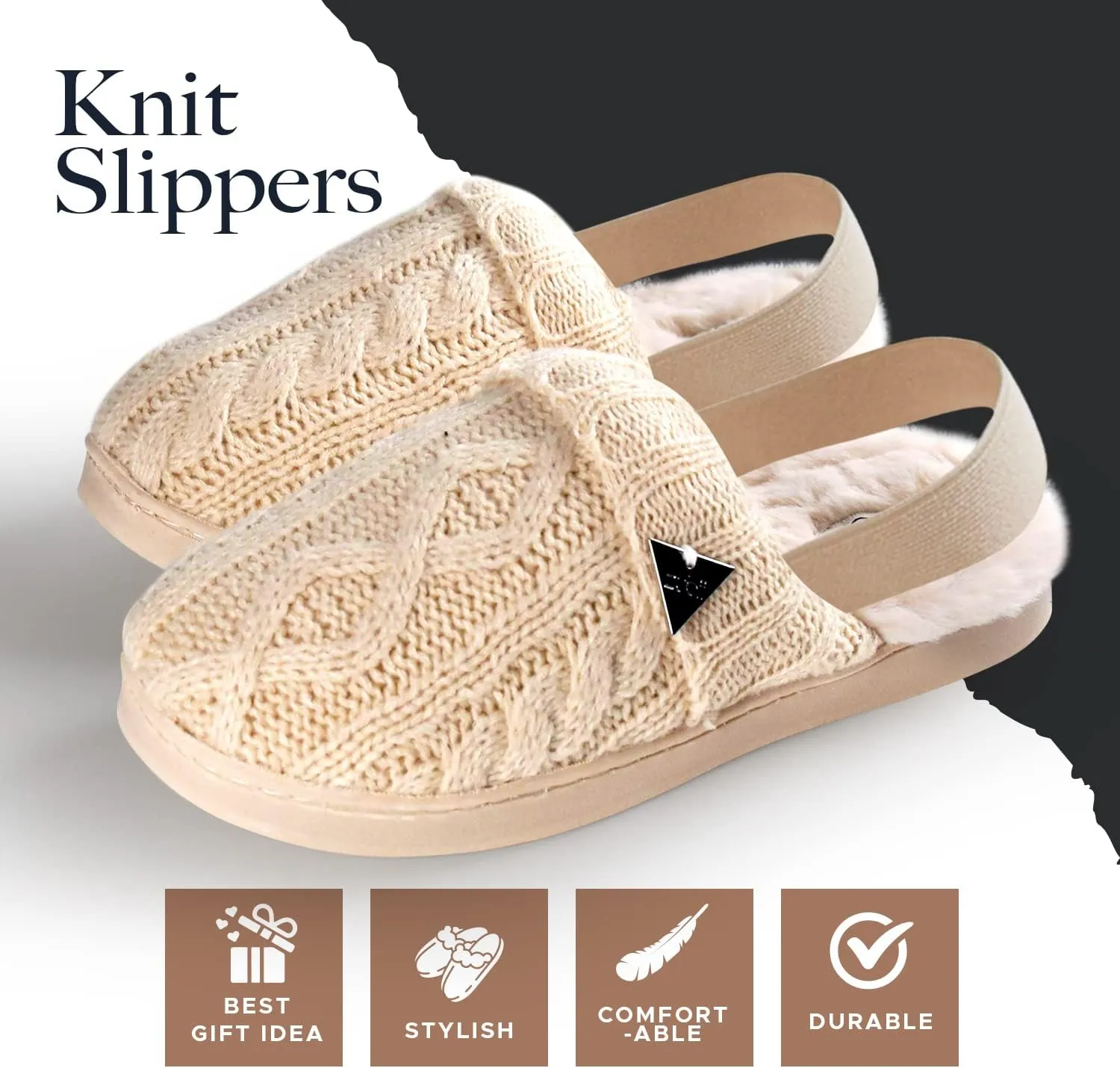 Cable Sweater Slippers, Slingback, Warm Cozy And Stylish, Breathable, Cable Pattern Ivory And Black Colors, Strong Strap And Durable Soles, Toddler To Teens.
