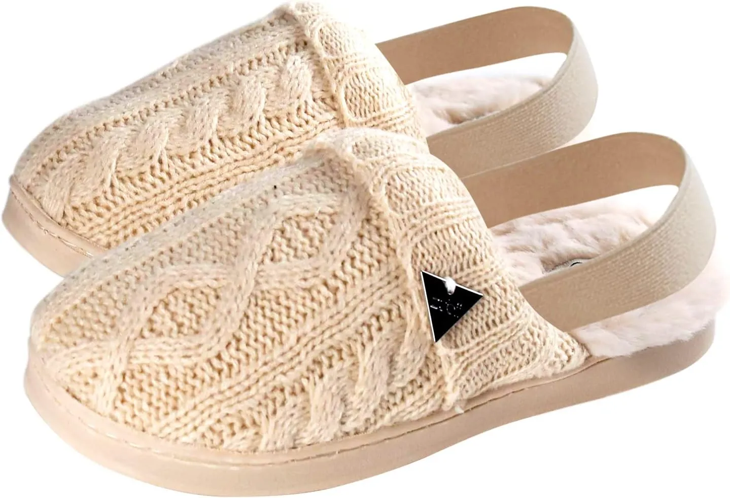 Cable Sweater Slippers, Slingback, Warm Cozy And Stylish, Breathable, Cable Pattern Ivory And Black Colors, Strong Strap And Durable Soles, Toddler To Teens.