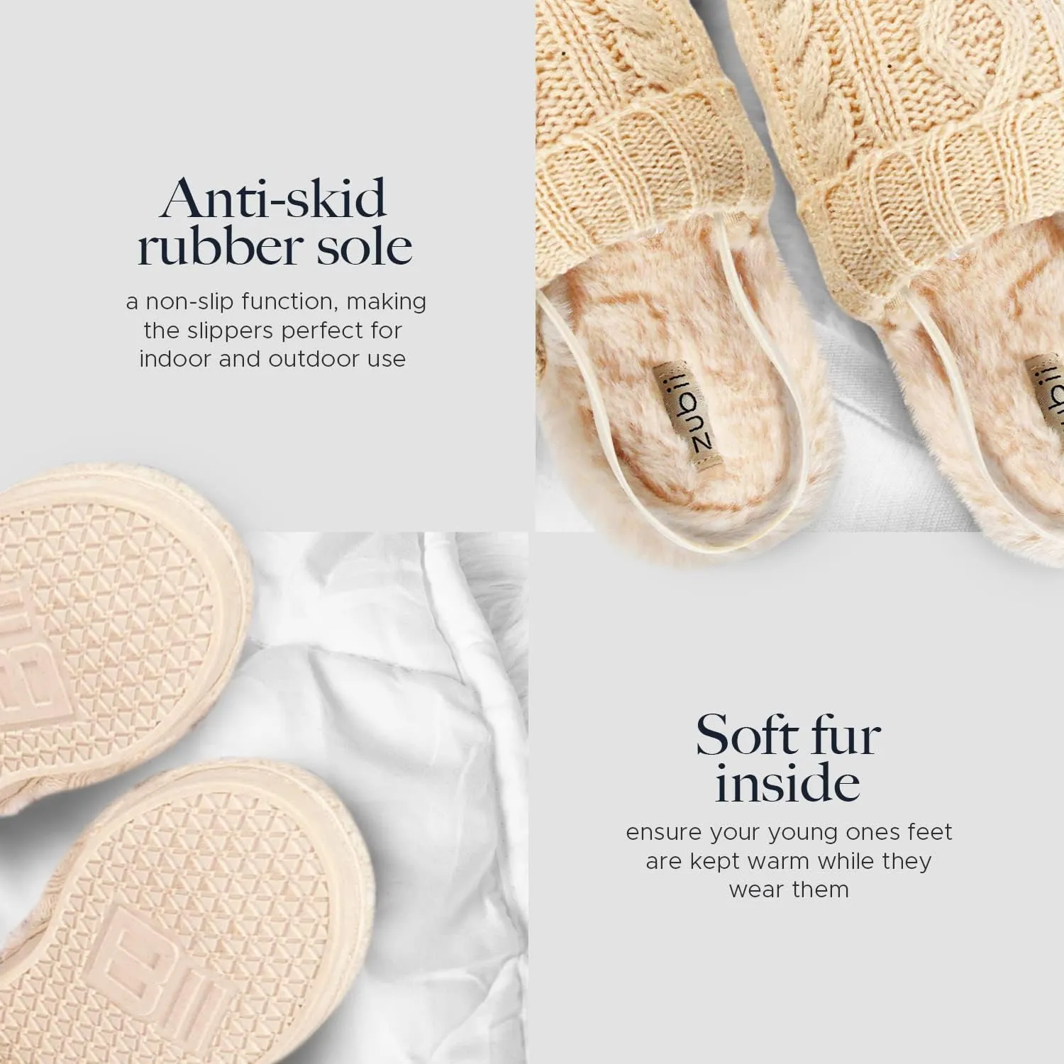 Cable Sweater Slippers, Slingback, Warm Cozy And Stylish, Breathable, Cable Pattern Ivory And Black Colors, Strong Strap And Durable Soles, Toddler To Teens.