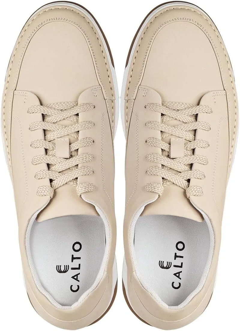 CALTO Men's Invisible Height Increasing Elevator Shoes - Ivory White Suede/White & Gum Sole Premium Suede Leather Lace-up Fashion Sneakers - 2.6 Inches Taller - Y7934 - Size 9 D(M) US