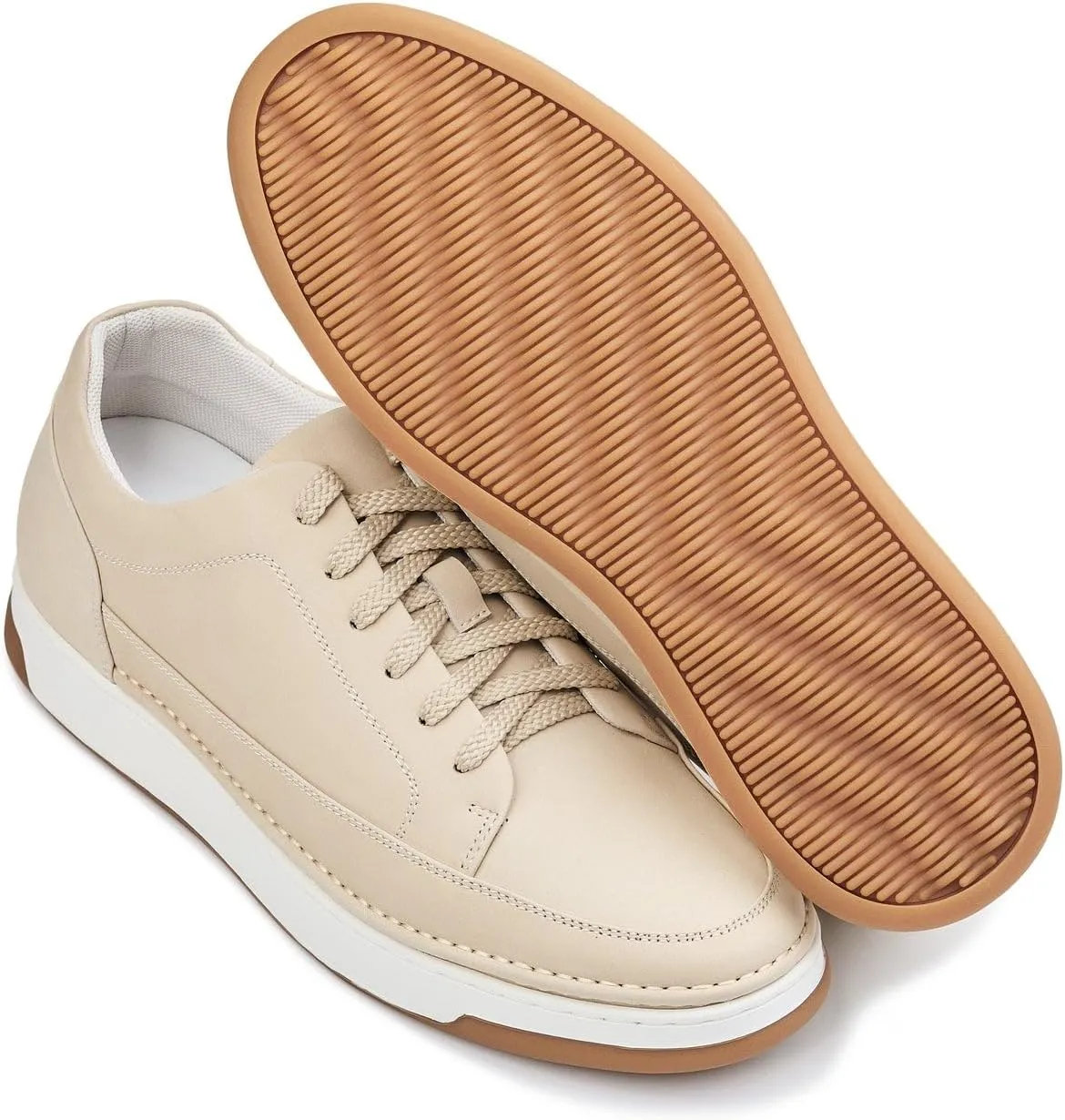 CALTO Men's Invisible Height Increasing Elevator Shoes - Ivory White Suede/White & Gum Sole Premium Suede Leather Lace-up Fashion Sneakers - 2.6 Inches Taller - Y7934 - Size 9 D(M) US