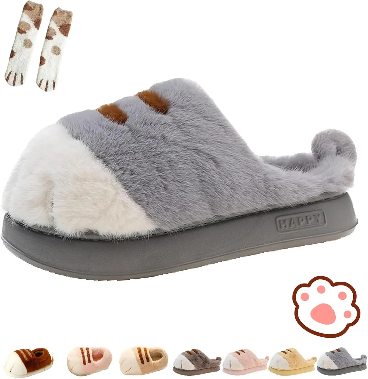 Cat Paw Slippers, 3D Cartoon Slipper for Women, Warm Fluffy Furry Winter House Slides for Indoor Outdoor