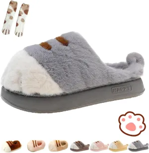 Cat Paw Slippers, 3D Cartoon Slipper for Women, Warm Fluffy Furry Winter House Slides for Indoor Outdoor