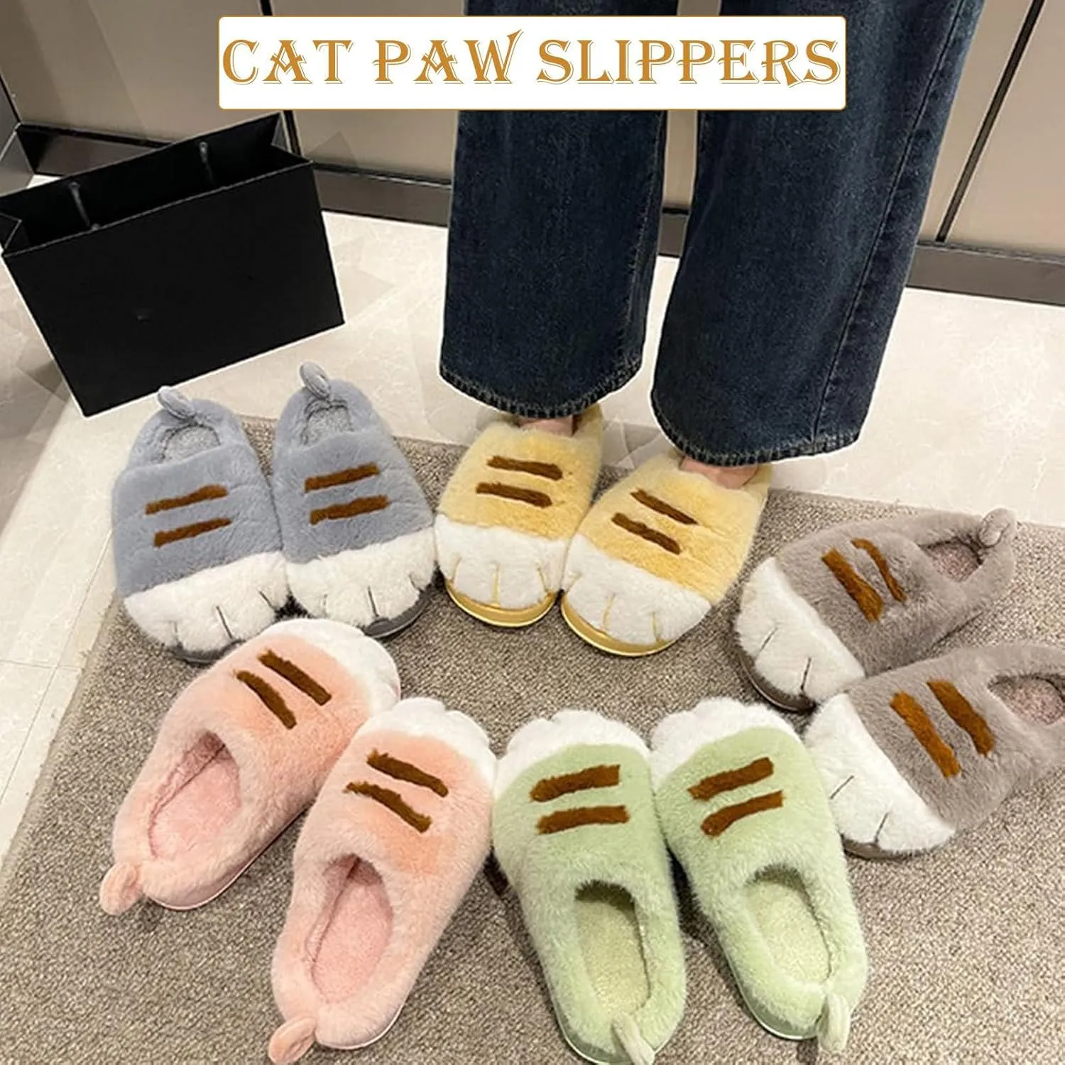 Cat Paw Slippers, 3D Cartoon Slipper for Women, Warm Fluffy Furry Winter House Slides for Indoor Outdoor