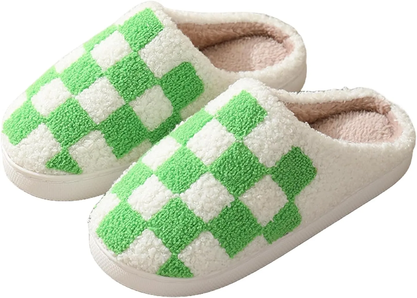 Checkered Slippers for Women Men, Cozy Plush Warm Slip-on Plaid House Slippers for Indoor and Outdoor Bedroom House Shoes with Faux Fur Lining