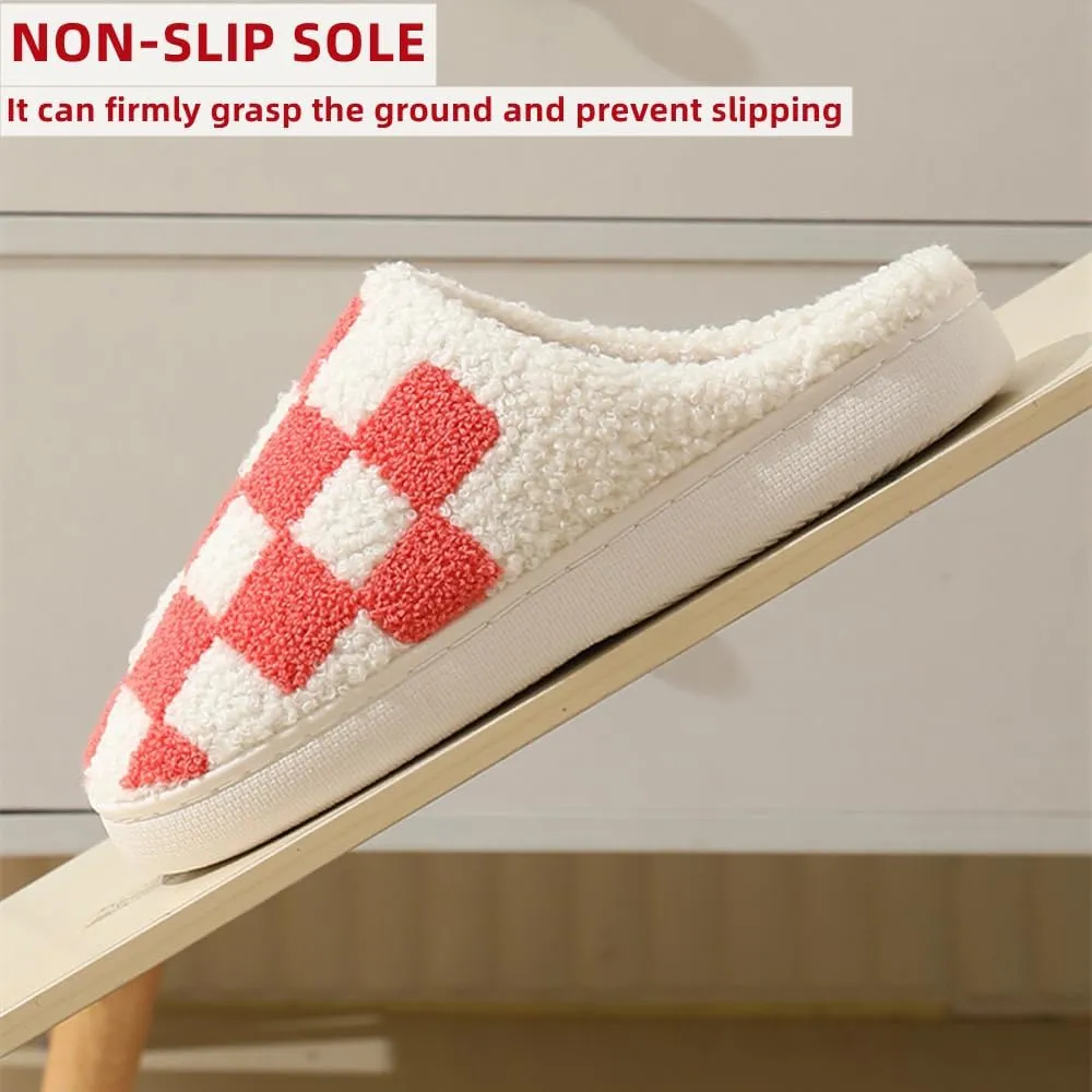 Checkered Slippers for Women Men, Cozy Plush Warm Slip-on Plaid House Slippers for Indoor and Outdoor Bedroom House Shoes with Faux Fur Lining