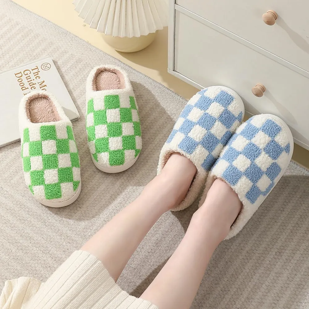 Checkered Slippers for Women Men, Cozy Plush Warm Slip-on Plaid House Slippers for Indoor and Outdoor Bedroom House Shoes with Faux Fur Lining
