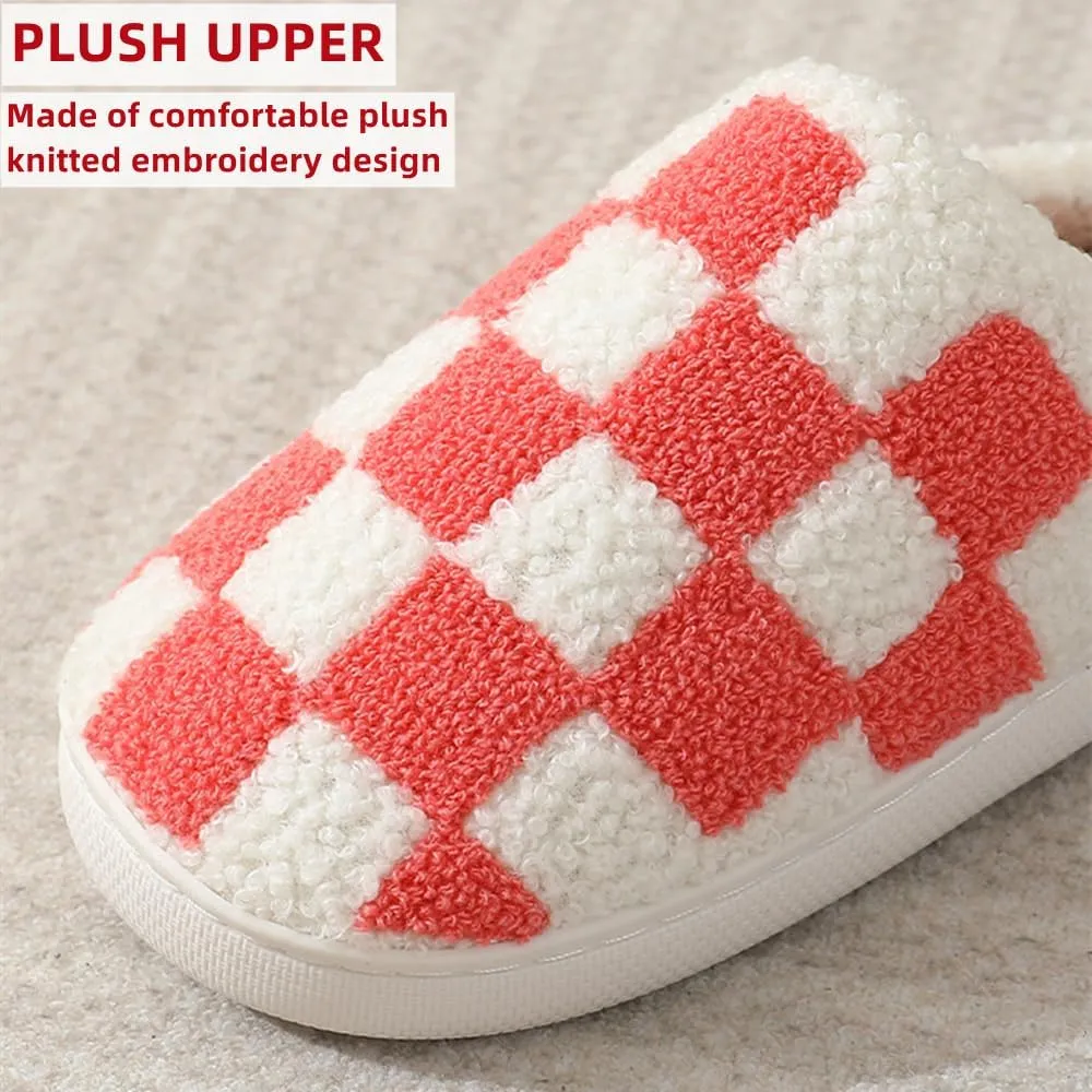 Checkered Slippers for Women Men, Cozy Plush Warm Slip-on Plaid House Slippers for Indoor and Outdoor Bedroom House Shoes with Faux Fur Lining