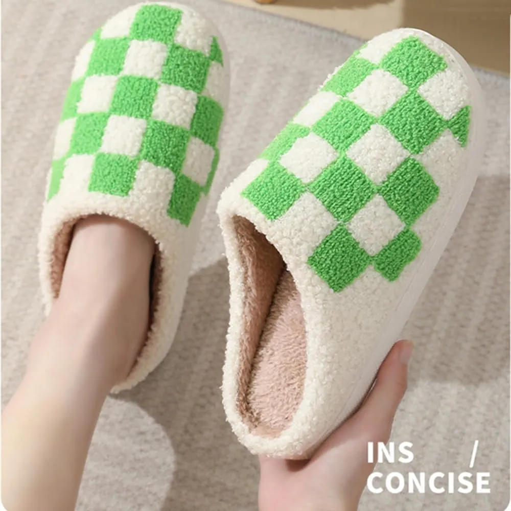 Checkered Slippers for Women Men, Cozy Plush Warm Slip-on Plaid House Slippers for Indoor and Outdoor Bedroom House Shoes with Faux Fur Lining