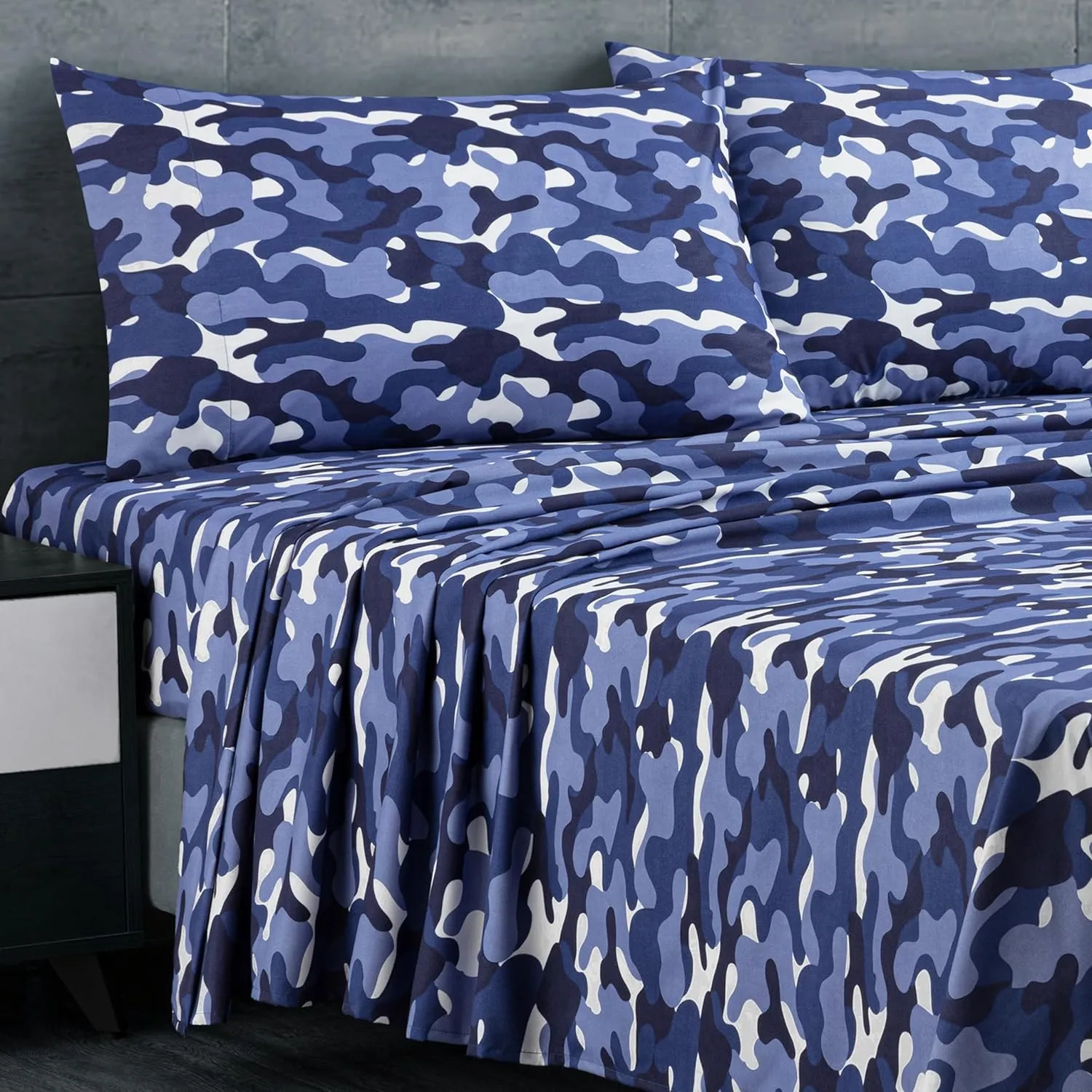 Chezmoi Collection Military Camo 4-Piece Sheet Set - Camouflage Blue Gray Printed Microfiber Soft Breathable Deep Pocket Sheets and Pillowcases Set, Full Size