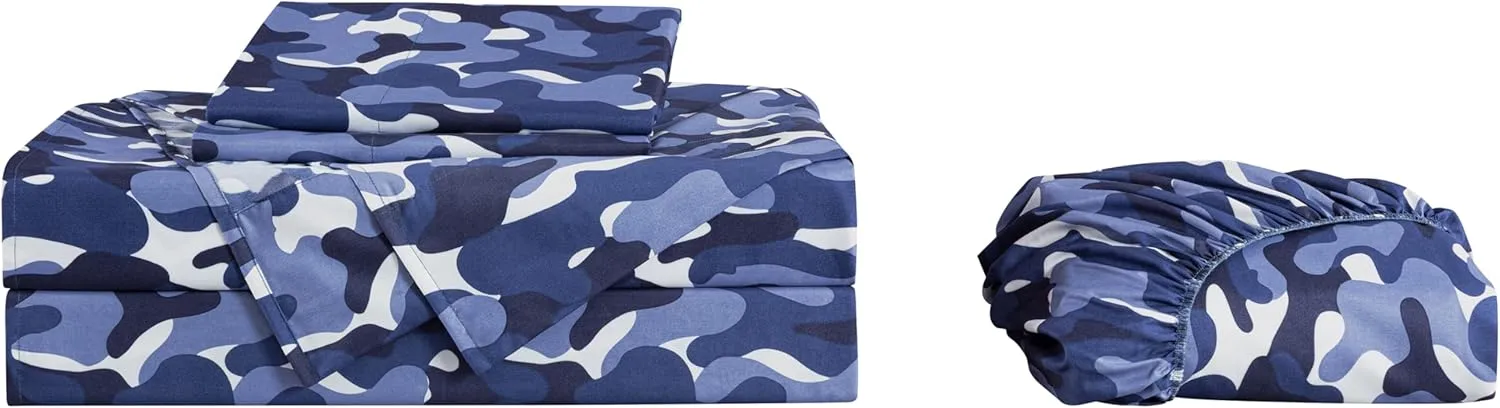 Chezmoi Collection Military Camo 4-Piece Sheet Set - Camouflage Blue Gray Printed Microfiber Soft Breathable Deep Pocket Sheets and Pillowcases Set, Full Size