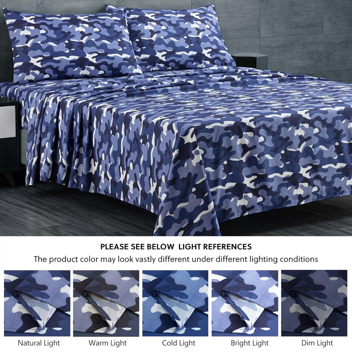 Chezmoi Collection Military Camo 4-Piece Sheet Set - Camouflage Blue Gray Printed Microfiber Soft Breathable Deep Pocket Sheets and Pillowcases Set, Full Size