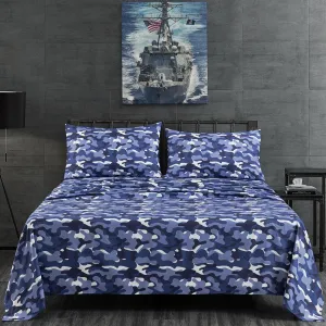 Chezmoi Collection Military Camo 4-Piece Sheet Set - Camouflage Blue Gray Printed Microfiber Soft Breathable Deep Pocket Sheets and Pillowcases Set, Full Size