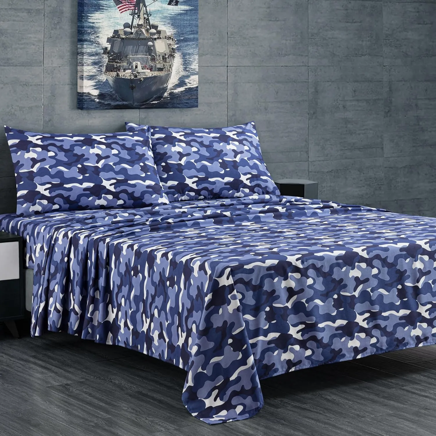 Chezmoi Collection Military Camo 4-Piece Sheet Set - Camouflage Blue Gray Printed Microfiber Soft Breathable Deep Pocket Sheets and Pillowcases Set, Full Size
