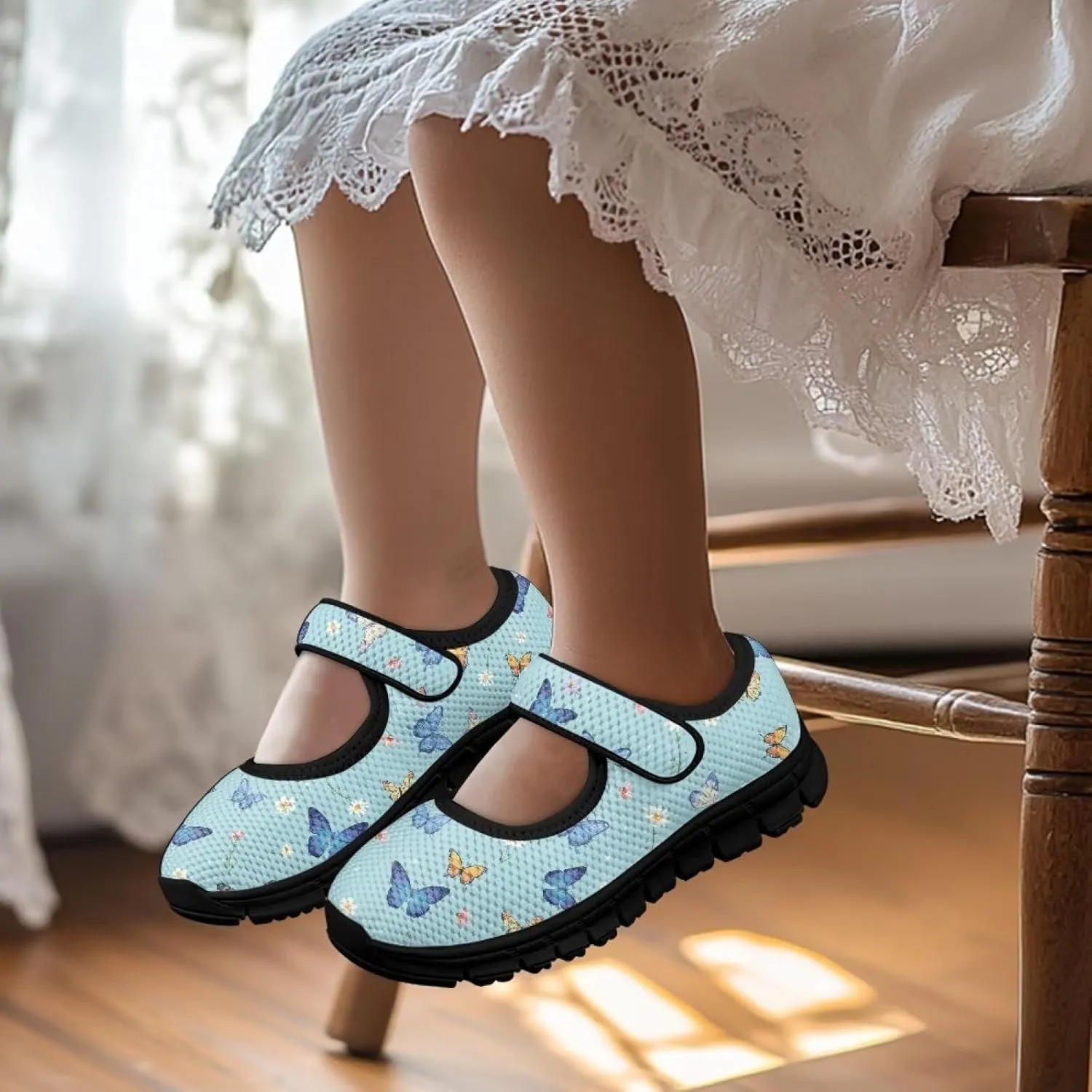 Children's Cartoon Single Buckle Sneaker,Girls Comfort Breathable Mesh Casual Shoes,Low-top Flat Shoes,Black Sole