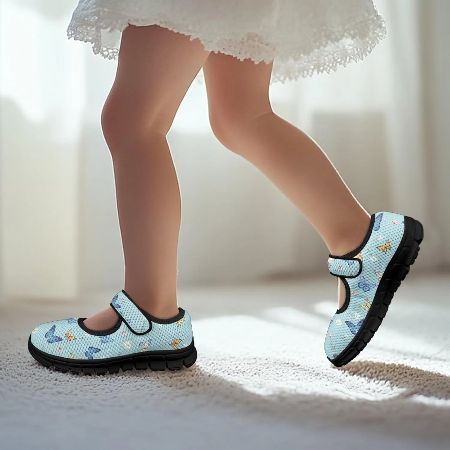 Children's Cartoon Single Buckle Sneaker,Girls Comfort Breathable Mesh Casual Shoes,Low-top Flat Shoes,Black Sole