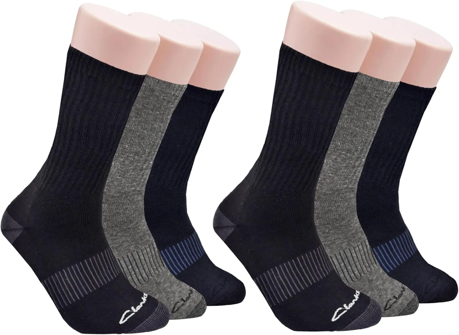 Clarks Men's Casual Half Cushion Crew Socks 6 Pair, Black/Charcoal/Navy, Men's 7-12 Shoe