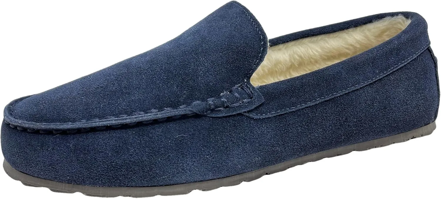 Clarks Mens Suede Moccasin Slippers Warm Cozy Indoor Outdoor Plush Faux Fur Lined Slipper For Men (9 M US, Navy)