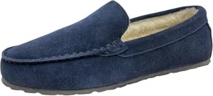 Clarks Mens Suede Moccasin Slippers Warm Cozy Indoor Outdoor Plush Faux Fur Lined Slipper For Men (9 M US, Navy)