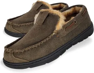 Clarks Mens Suede Venetian Moccasin Slipper LB0534 - Warm Plush Faux Fur Lining - Indoor Outdoor House Slippers For Men