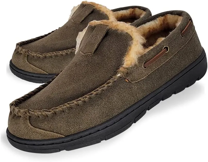 Clarks Mens Suede Venetian Moccasin Slipper LB0534 - Warm Plush Faux Fur Lining - Indoor Outdoor House Slippers For Men