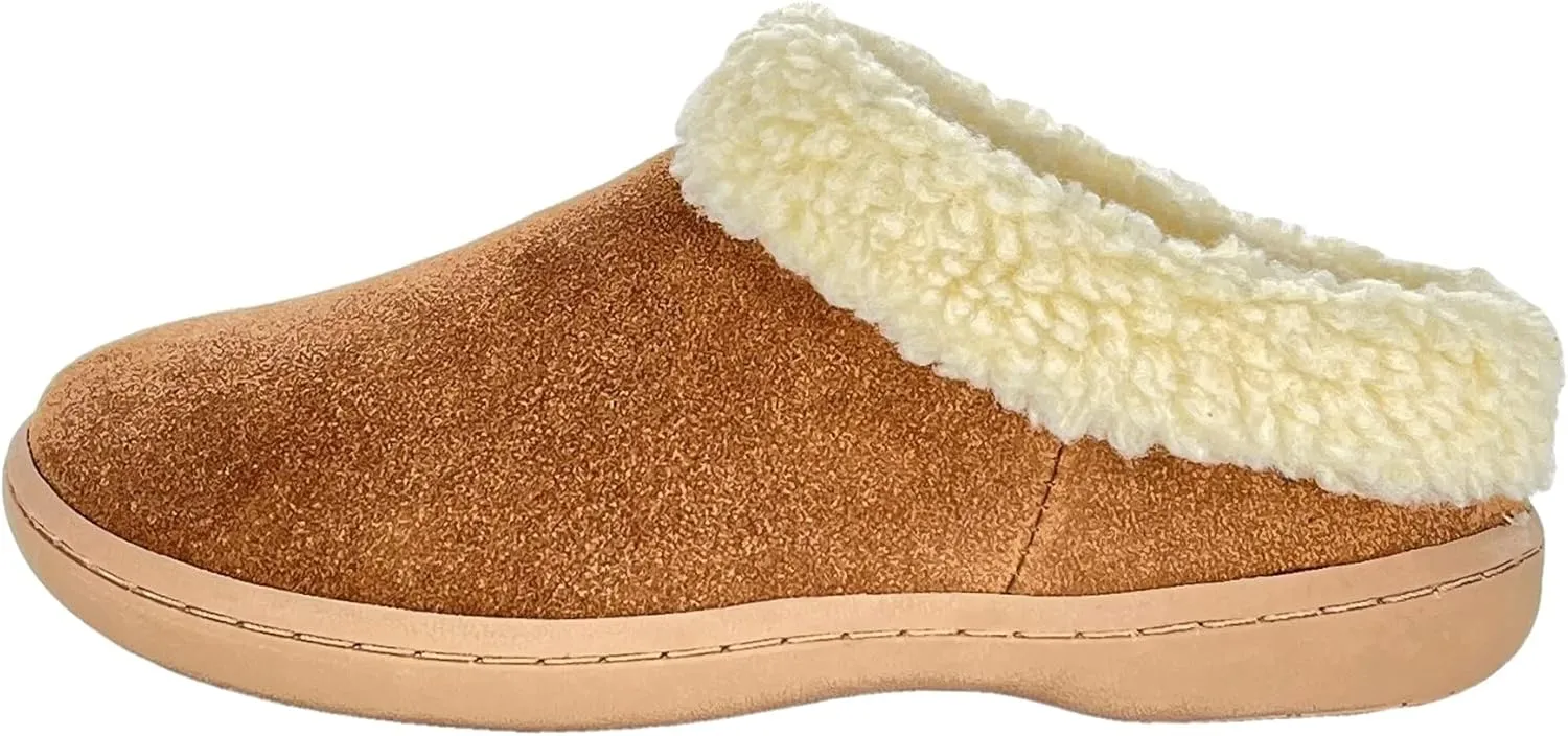 Clarks Womens Slipper Suede Leather With Faux Sherpa Collar JMH1894 - Plush Memory Foam Footbed - Indoor Outdoor House Slippers For Women