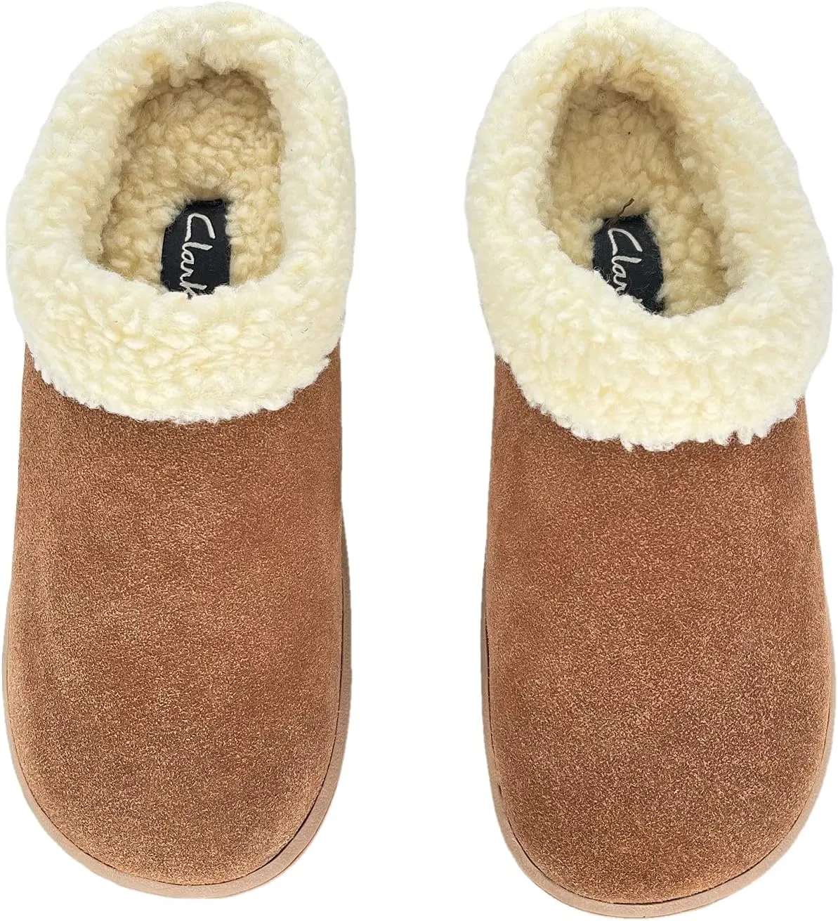 Clarks Womens Slipper Suede Leather With Faux Sherpa Collar JMH1894 - Plush Memory Foam Footbed - Indoor Outdoor House Slippers For Women