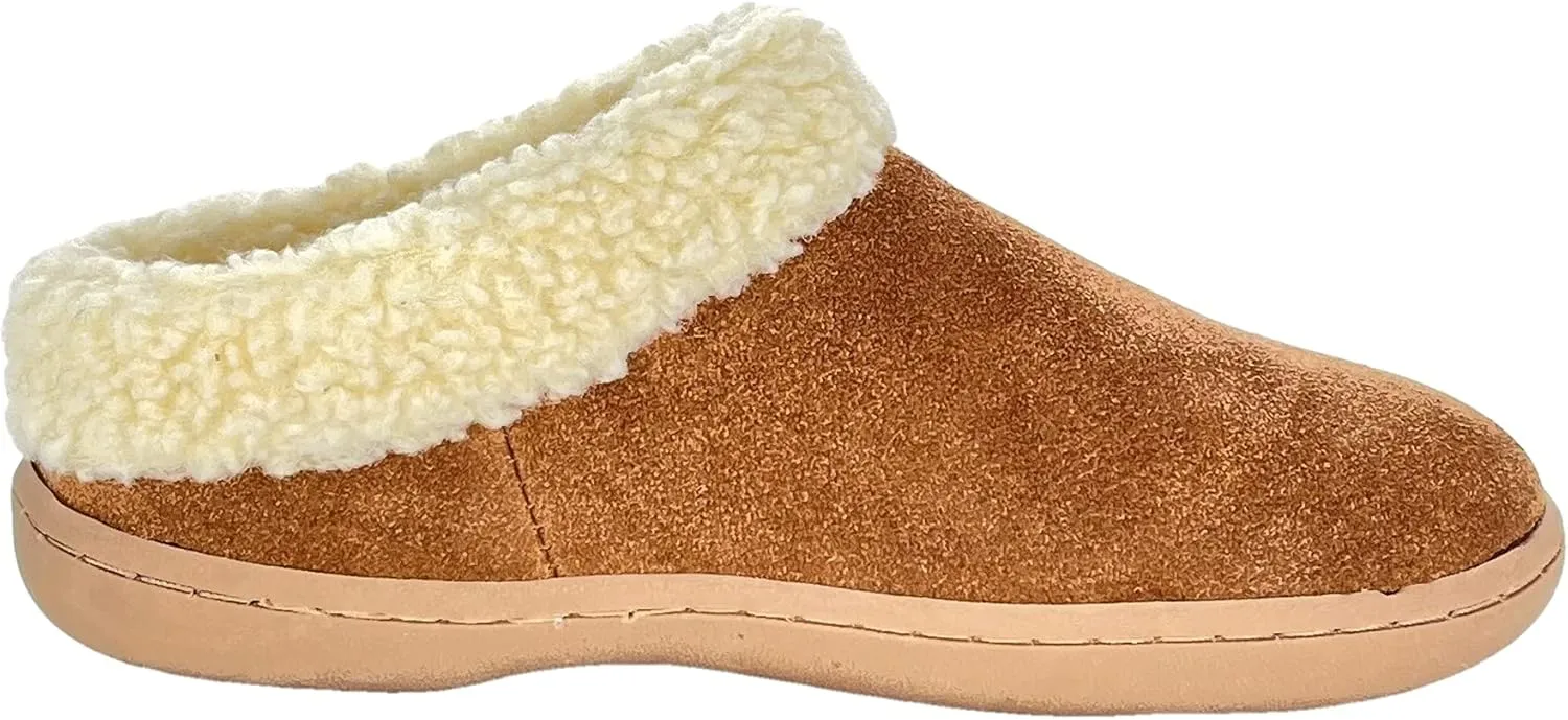 Clarks Womens Slipper Suede Leather With Faux Sherpa Collar JMH1894 - Plush Memory Foam Footbed - Indoor Outdoor House Slippers For Women