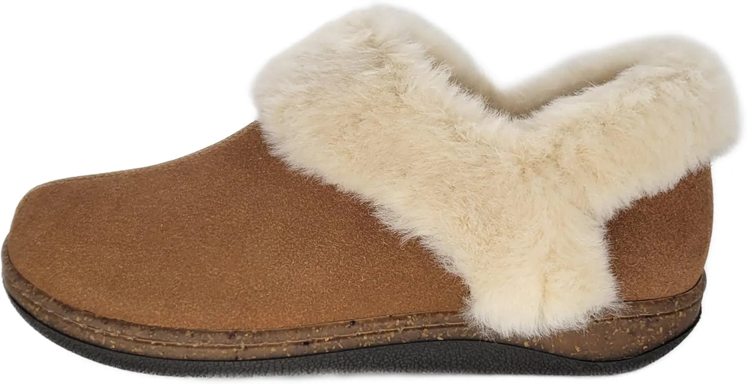 Clarks Womens Suede Leather Ankle Bootie Slipper JMH2034 - Plush Faux Fur Lined - Indoor Outdoor House Slippers For Women