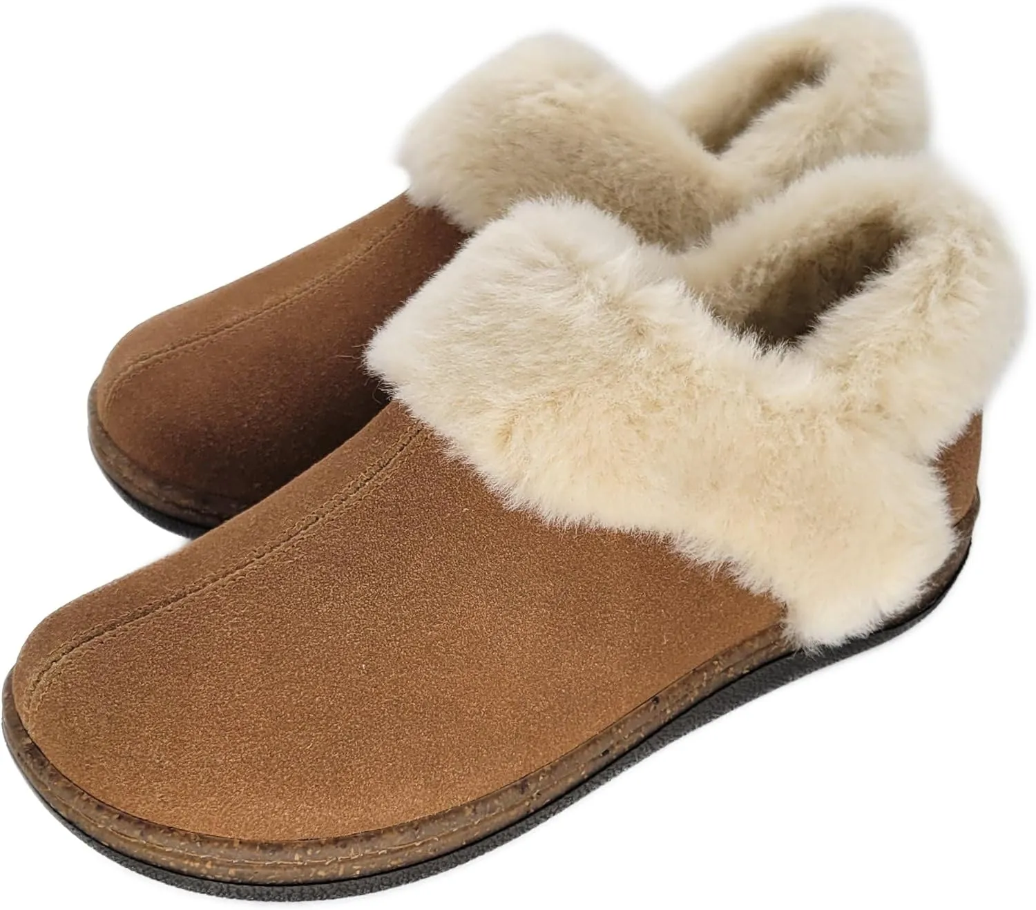 Clarks Womens Suede Leather Ankle Bootie Slipper JMH2034 - Plush Faux Fur Lined - Indoor Outdoor House Slippers For Women