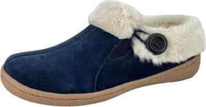 Clarks Womens Suede Leather Slipper with Gore and Bungee JMH2213 - Warm Plush Faux Fur Lining - Indoor Outdoor House Slippers For Women (7 M US, Navy)